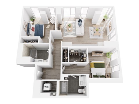 A top down view of a modern apartment layout.